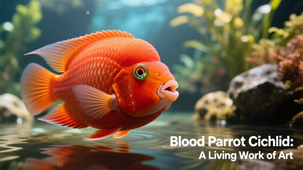 Close-up of a blood parrot cichlid showing its distinctive round body, large eyes, and small, beak-shaped mouth