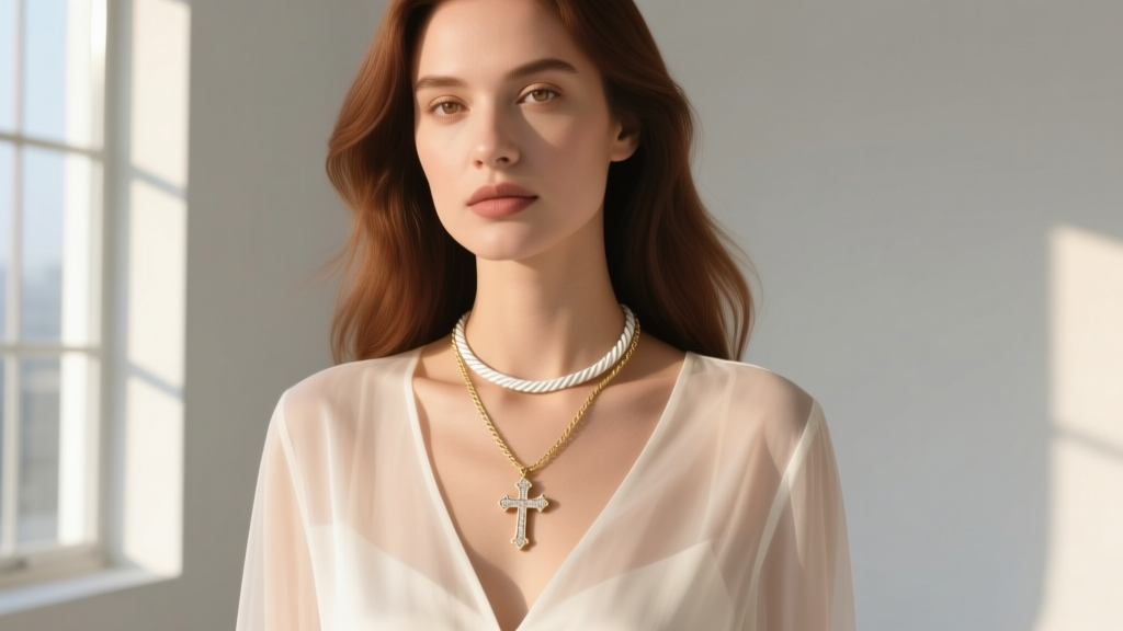 Woman wearing a delicate 18-inch white gold rope chain with a small sideways cross pendant resting against a silk blouse collar.