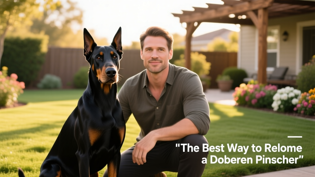 A calm, well-groomed Doberman Pinscher sitting beside a confident adult in a sunlit backyard