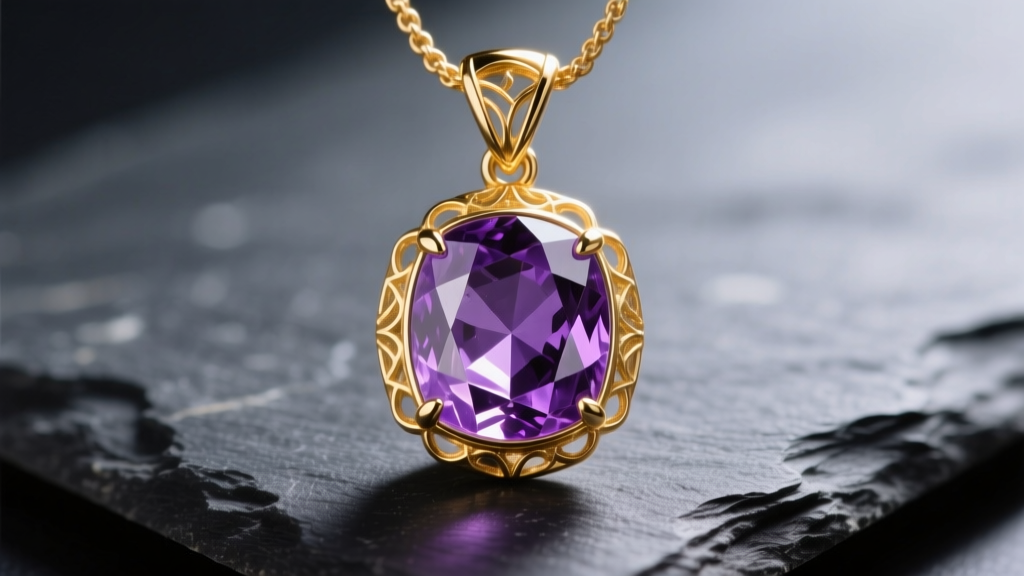 Macro shot of a 14k solid gold pendant with deep purple Uruguayan amethyst gemstone on dark slate under soft directional lighting