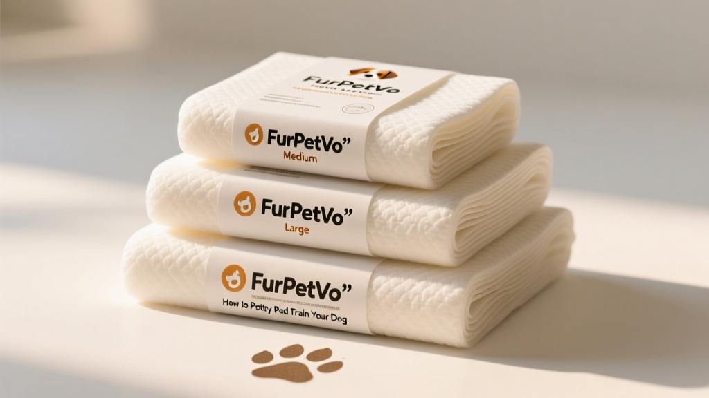 Three stacked FurPetVo potty pads in different sizes—Medium, Large, and Extra-Large—with packaging visible and clean white background