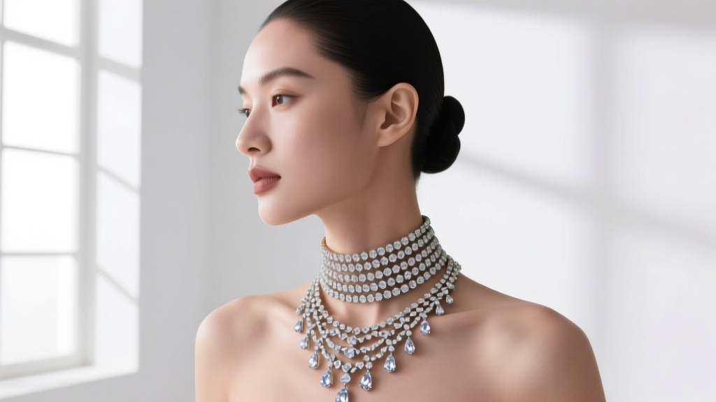 Studio portrait of a model wearing a layered diamond choker and long chain, highlighting royalcore maximalist necklace styling.