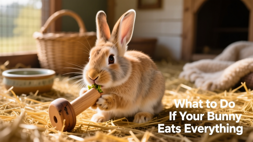 Rabbit gently chewing on a wooden toy beside fresh hay