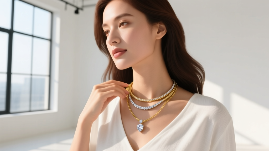 Woman styling a layered smile diamond necklace and gold chain, pairing the curved diamond pendant with a casual white v-neck top.