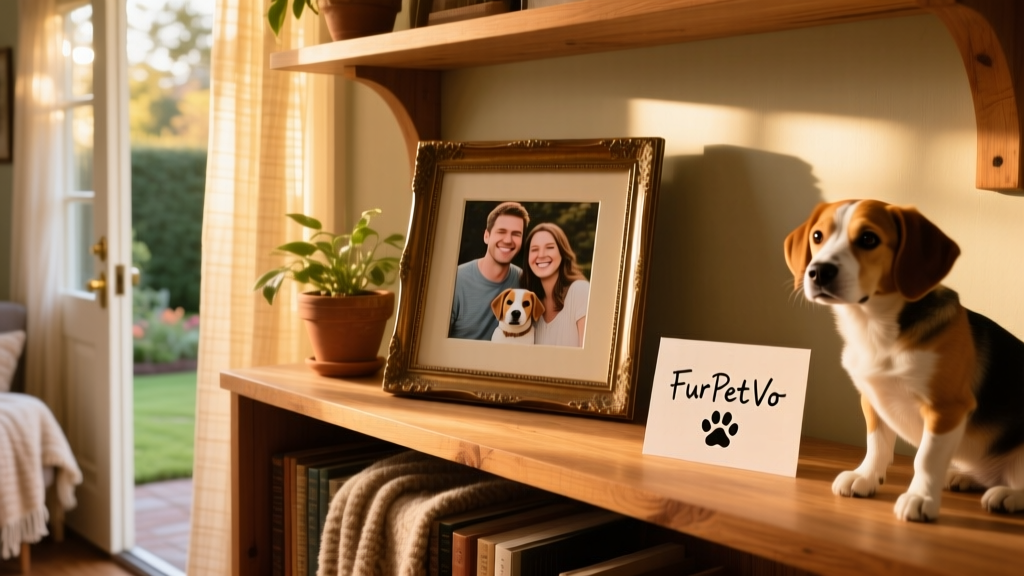 A framed photo of Sam, Olivia, and Tilly on a shelf beside a small ‘FurPetVo’ welcome card left by the sitter