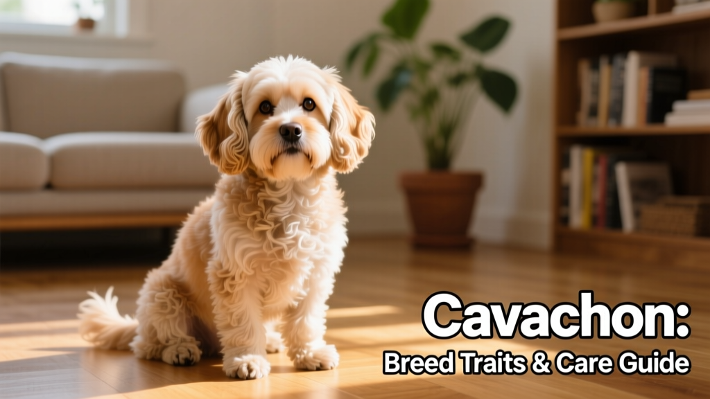 A friendly Cavachon sitting indoors, showing its expressive eyes and soft, wavy coat