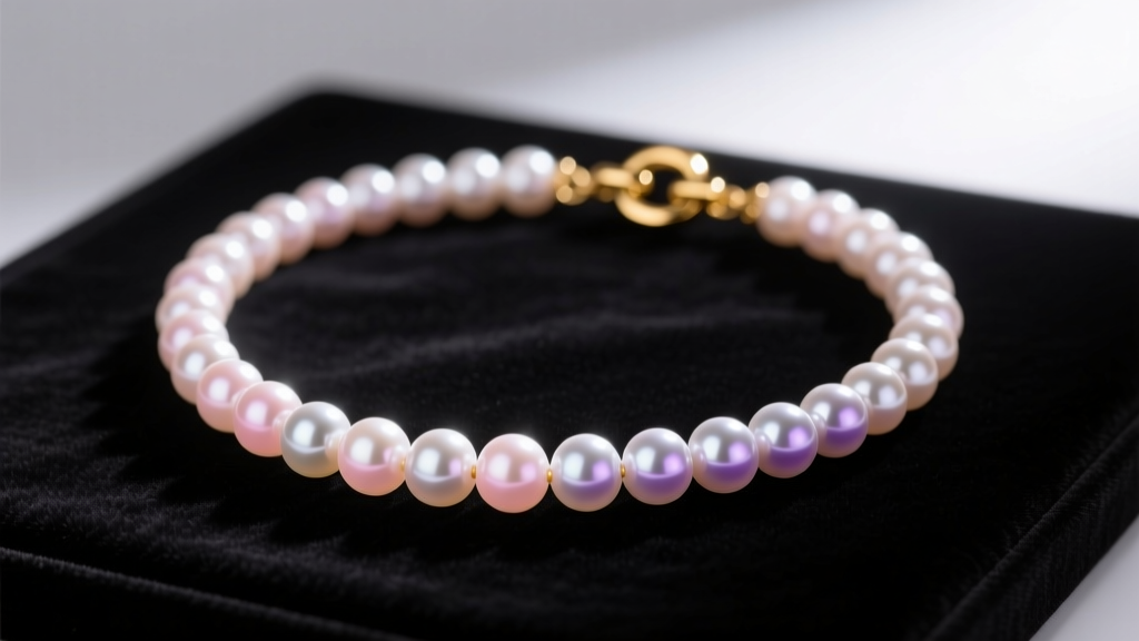 Flat lay of a 14k gold clasp Akoya pearl bead necklace on dark velvet, soft studio lighting highlighting the luster and overtone.