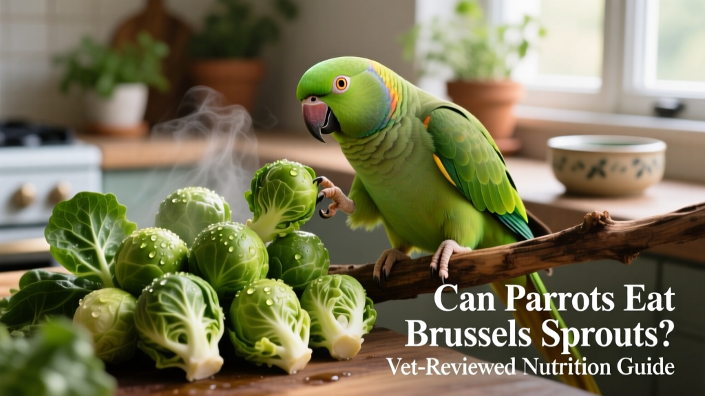 Fresh raw and lightly steamed Brussels sprouts arranged beside a curious green parrot on a perch