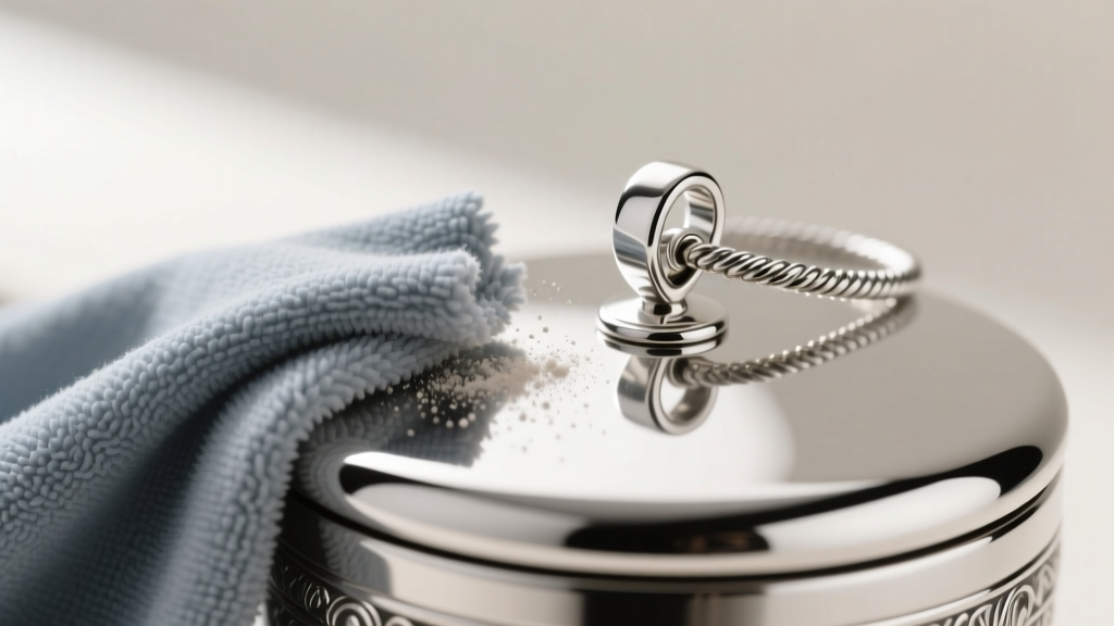Macro shot of a microfiber cloth wiping a sterling silver memorial urn pendant, carefully avoiding the threaded bail cap closure.