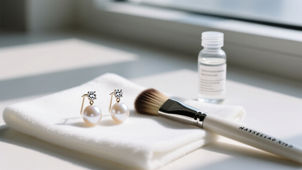 Flat lay of pearl and diamond dangle earrings on microfiber cloth beside a soft jewelry brush and mild pH-neutral cleaning solution