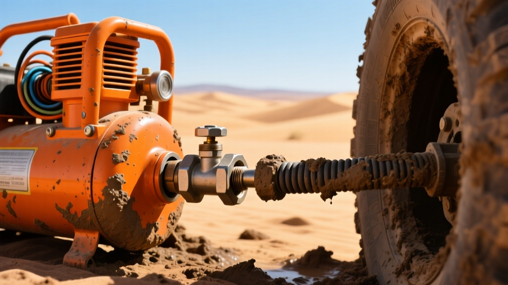 Close up of a heavy-duty orange air compressor attached to a muddy off-road tire valve stem in a desert environment.