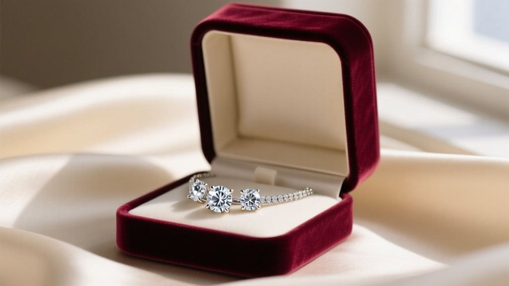 Open velvet box revealing a sparkling 1-carat total weight 3 stone diamond necklace resting on a cream silk fabric backdrop.