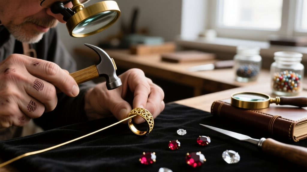 Macro shot of a jeweler's loupe inspecting gold plating on a brass rolo chain link under bright, focused studio lighting.