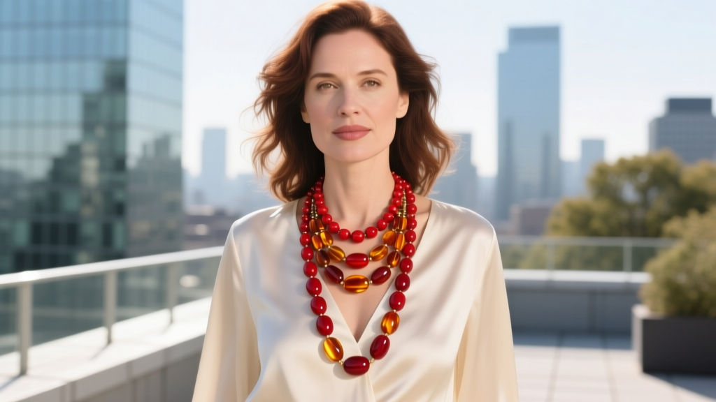 Woman in cream silk V-neck blouse wearing a long multi-strand cherry amber Bakelite bead necklace in bright natural daylight