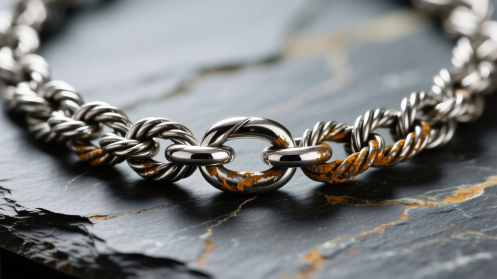 Macro shot of a tarnished sterling silver rope chain on slate showing contrast between bright links and dark sulfur oxidation