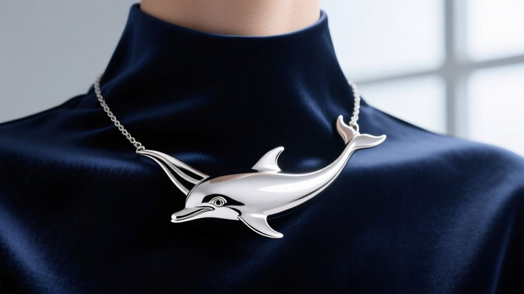 Polished sterling silver dolphin necklace on a navy silk collarbone, soft studio lighting, high fashion editorial photography