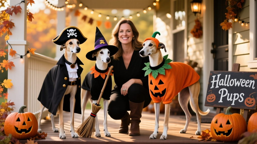 Clare Balistreri and her three sighthounds—Abby, Cleo, and Marcy—posing together in festive, coordinated Halloween attire
