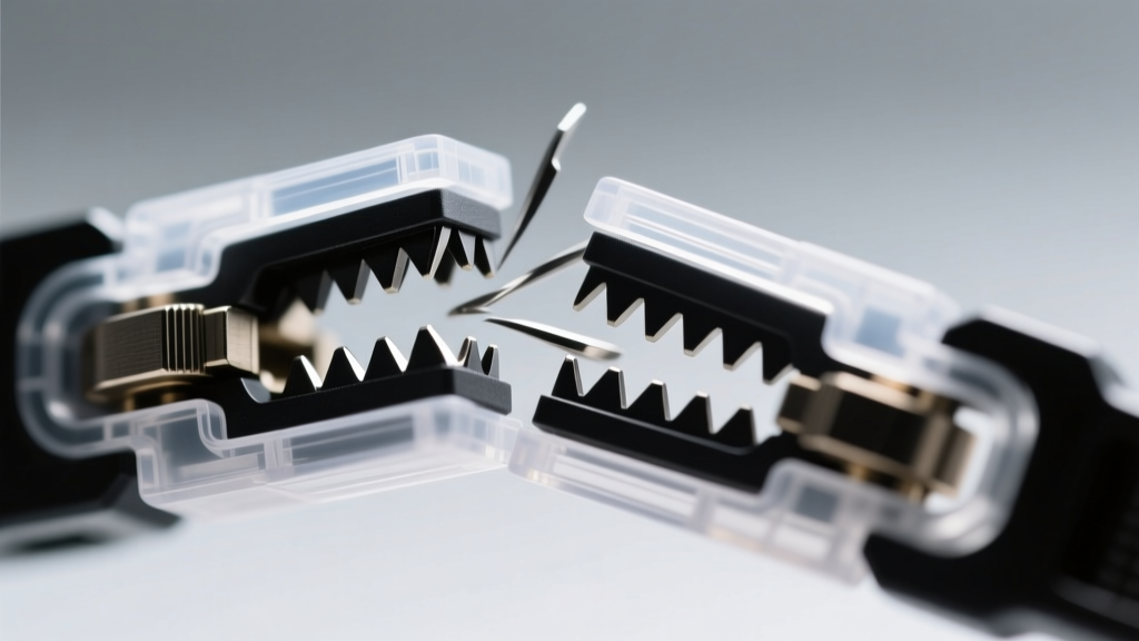 Macro photo of a mechanical plastic breakaway clasp snapping open under tension, revealing internal interlocking teeth mechanism