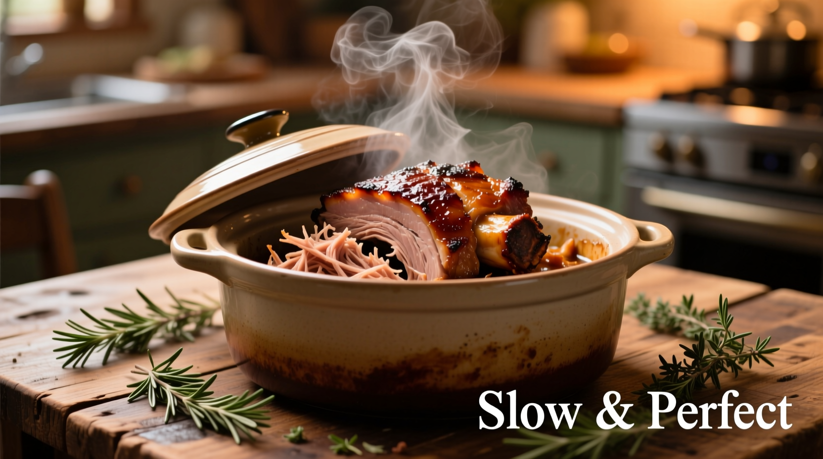 Perfectly cooked pulled pork shoulder in crock pot with steam rising