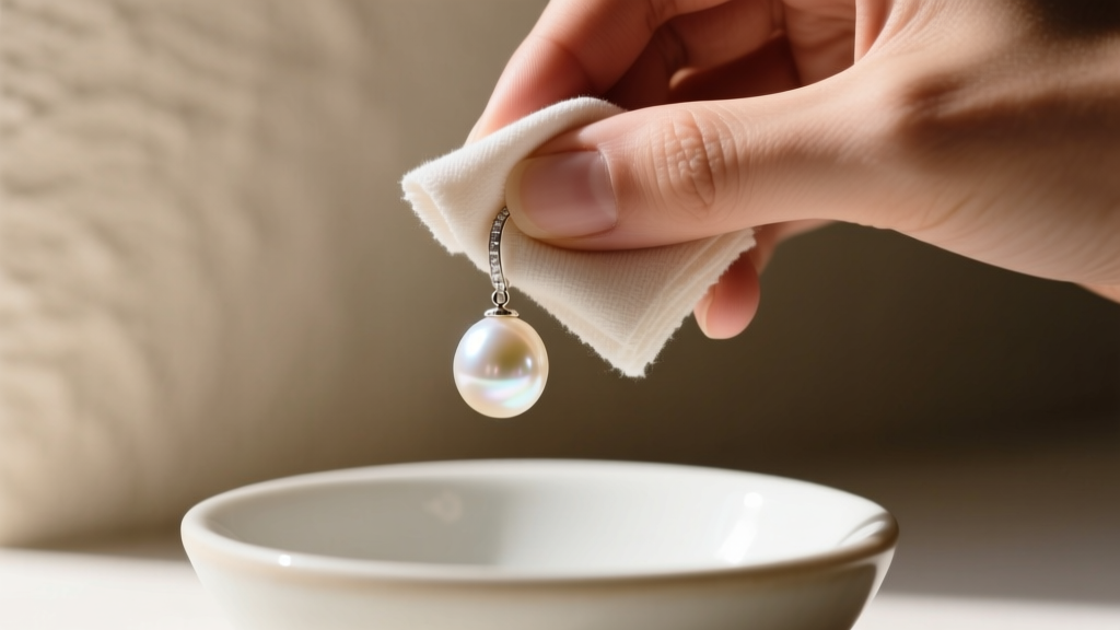 Hands wiping a pearl drop earring with a microfiber cloth over a bowl, demonstrating careful, precise jewelry cleaning techniques.