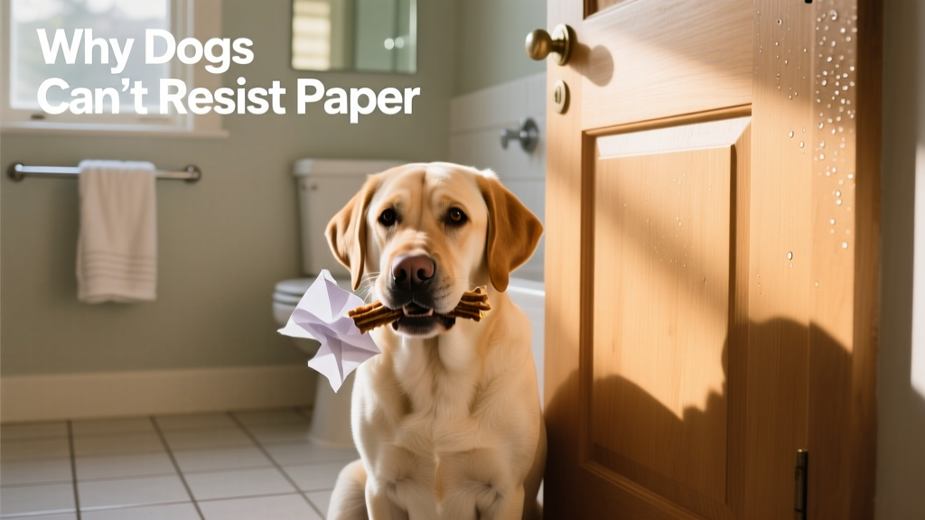 A calm, focused dog sitting beside a closed bathroom door with a chew toy in its mouth