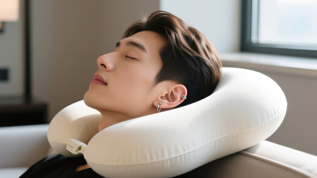 Side profile of a person sleeping on a U-shaped travel pillow to protect top ear cartilage piercings from pressure and friction.