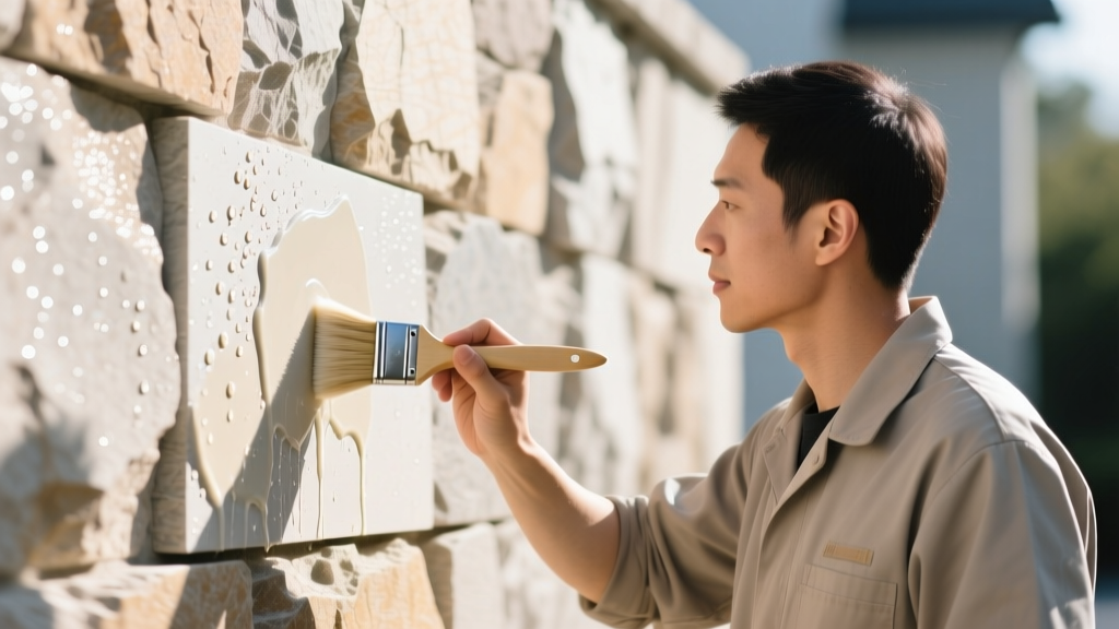 Professional using a soft-bristle brush and mild detergent solution to gently clean a textured exterior veneer stone panel wall in bright daylight