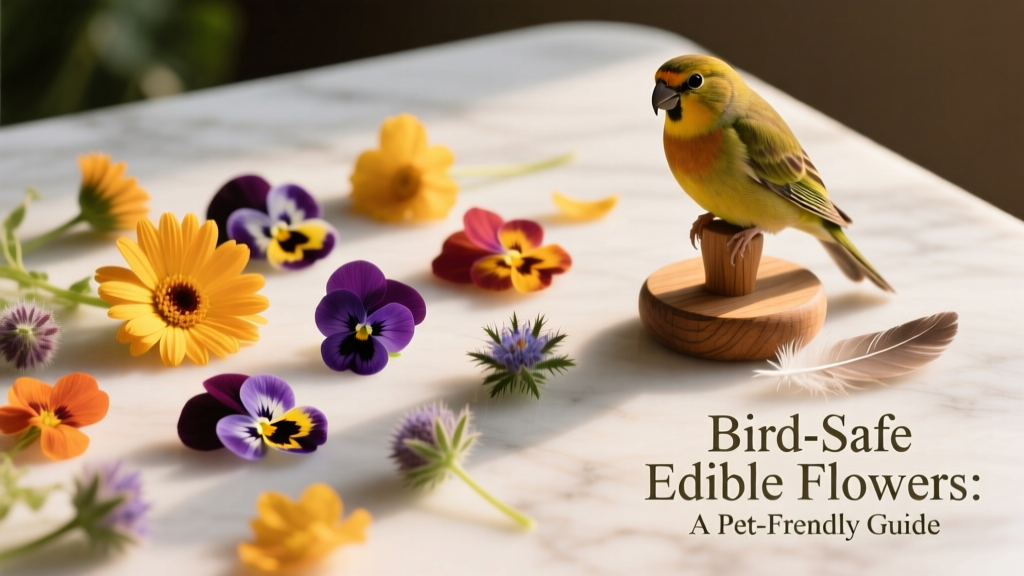 Colorful edible flowers like calendula, violets, and borage arranged on a clean surface beside a small parrot perch