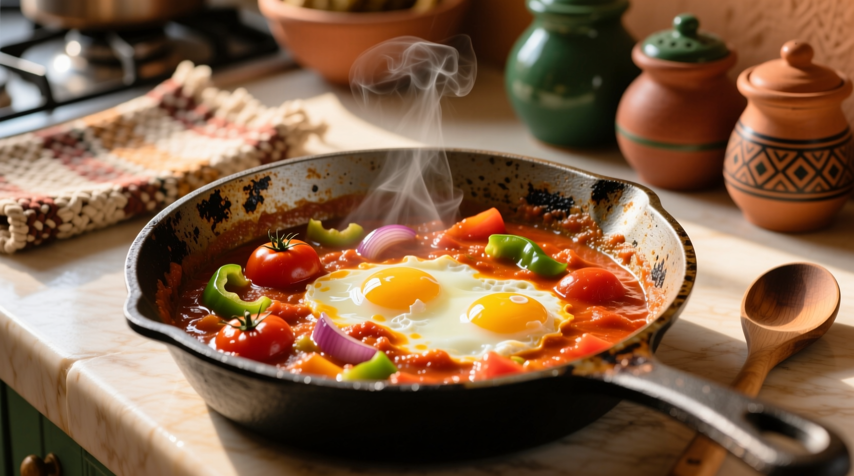 Shakshuka in cast iron skillet with runny eggs