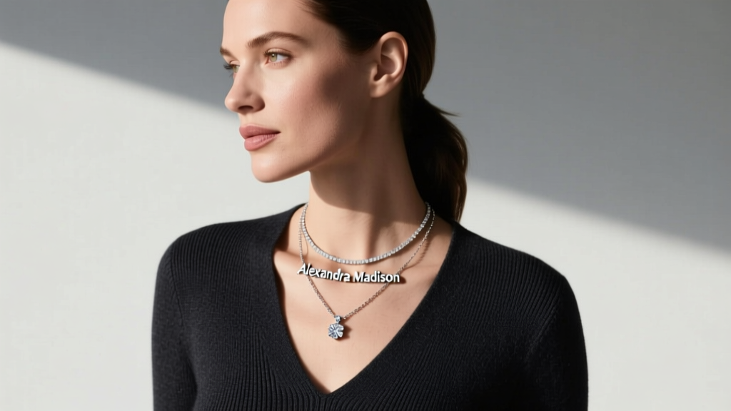 Woman wearing a layered Alexandra Madison name necklace and paperclip chain with a diamond pendant over a dark V-neck sweater.