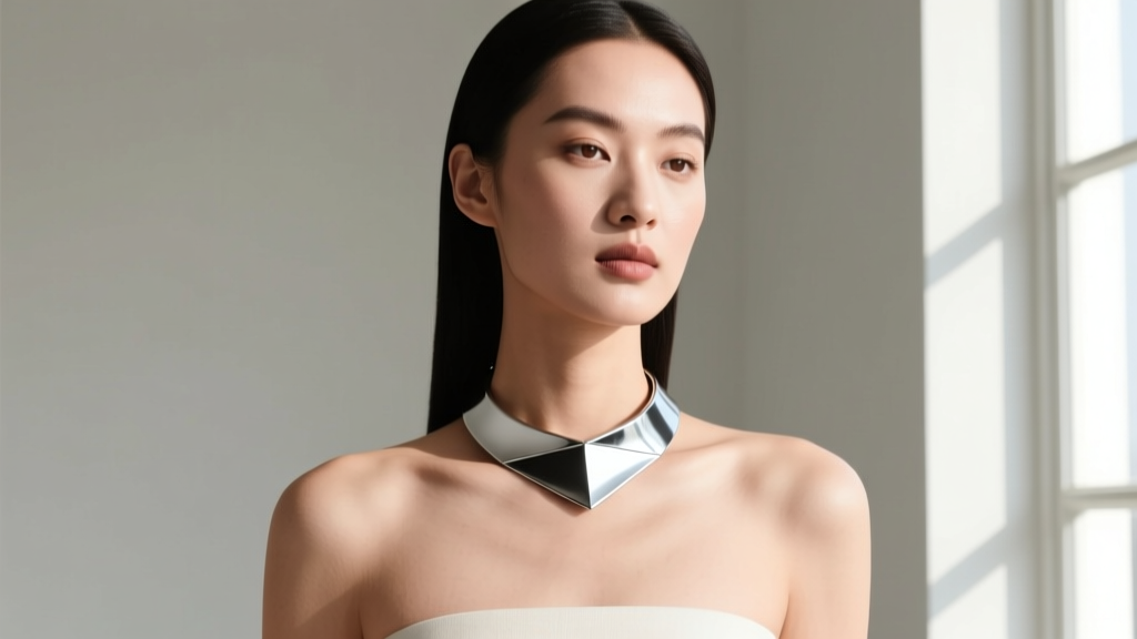 Model wearing a sleek silver rigid collar necklace, showing ideal two-centimeter clearance above the collarbone for daily comfort.