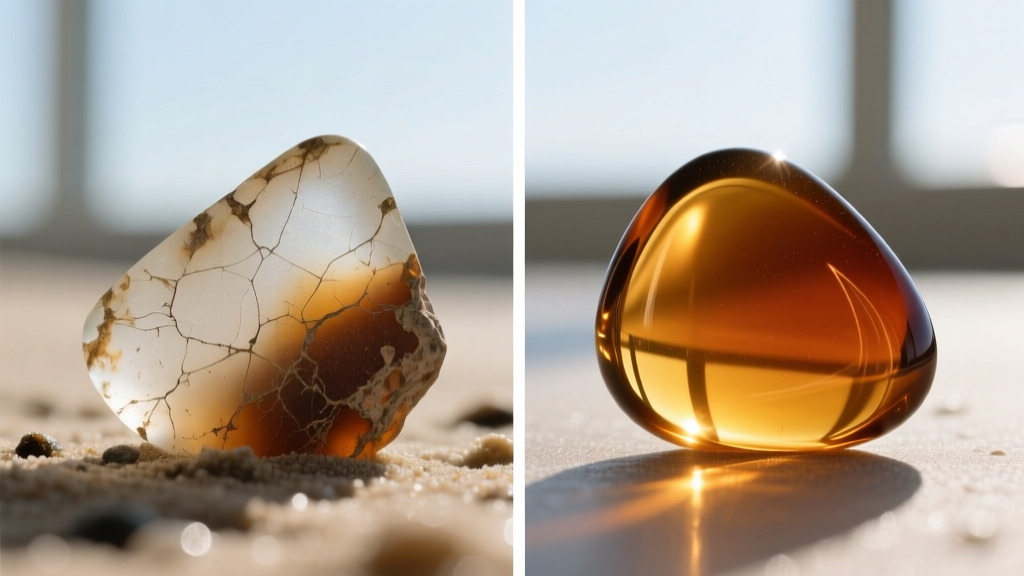 Macro split-image of cloudy, scratched brown beach glass on left and the same piece polished to a brilliant gloss on the right.