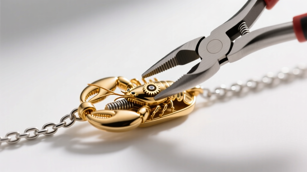 Macro shot of a 14k gold lobster clasp on a chain, with tiny flat-nose pliers carefully adjusting the internal spring mechanism.