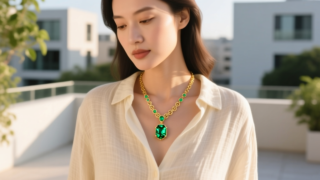 Woman wearing a colorful cross necklace over a linen shirt, showing a delicate chain and vibrant gemstone pendant in warm sunlight