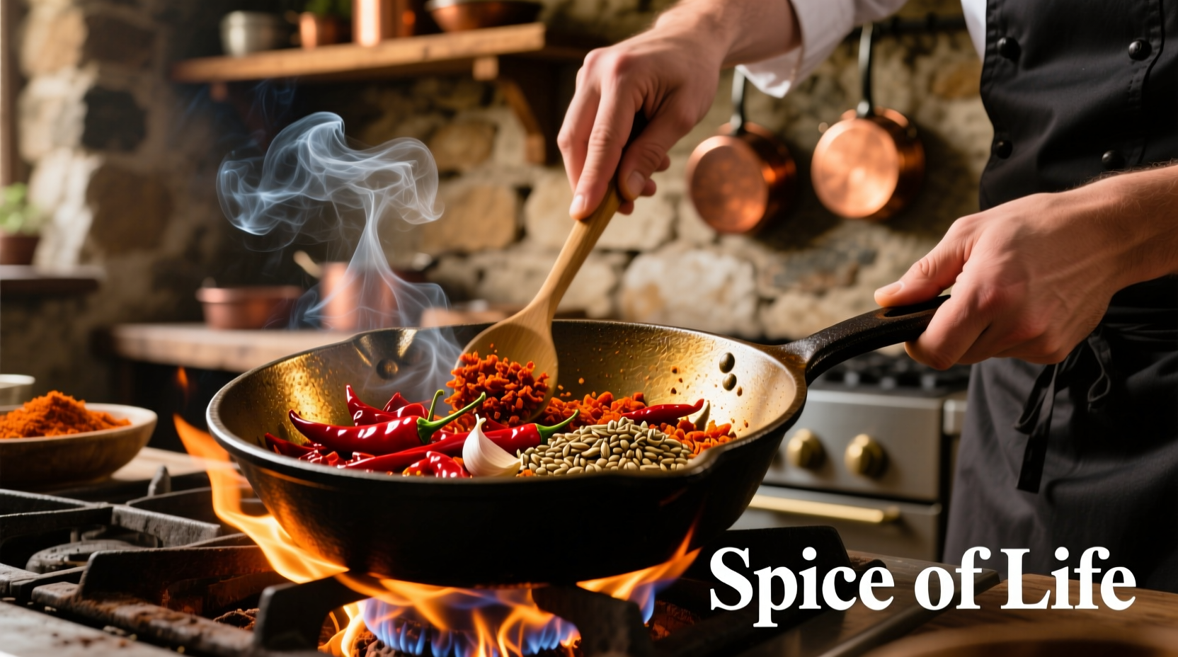 Chef torréfiant des piments dans une poêle en fonte