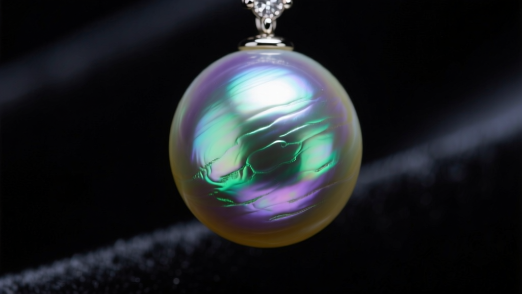 Macro photography of a 14mm peacock Tahitian pearl showing intense green and purple overtones against a dark velvet backdrop.