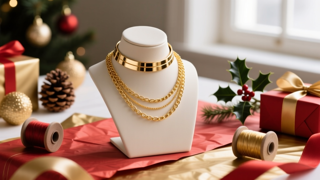 Close-up of a brushed brass necklace bust displaying a layered gold choker, set on a festive holiday gift wrapping table.