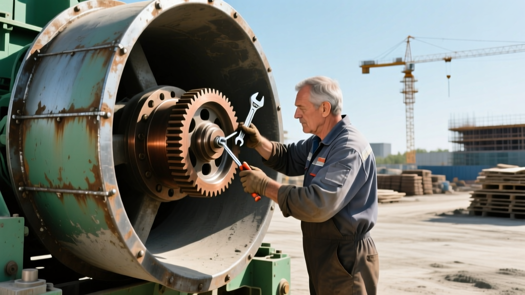 Mechanic adjusting ring and pinion gear backlash on a heavy-duty steel drum concrete mixer in an industrial construction yard.