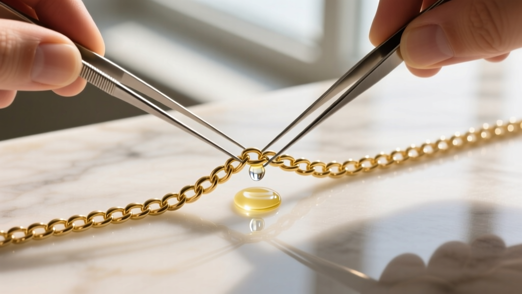 Overhead view of a kinked gold vermeil necklace chain being untangled using two fine sewing pins and a drop of clear baby oil