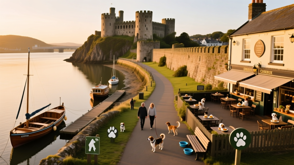 Aerial view of the Conwy waterfront with historic castle, town walls, and boats along the estuary