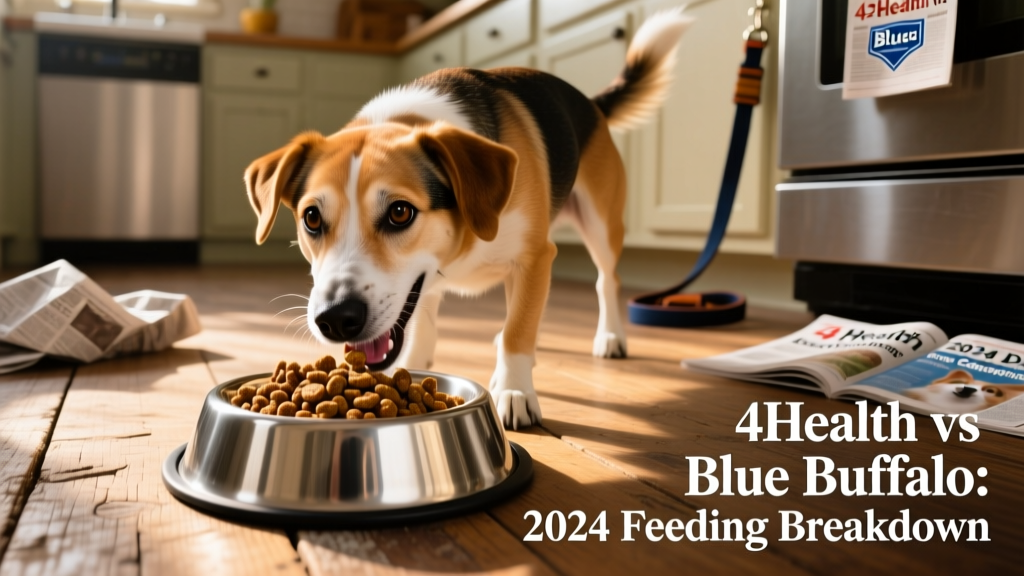 Happy medium-sized mixed-breed dog eating from a stainless steel bowl filled with kibble