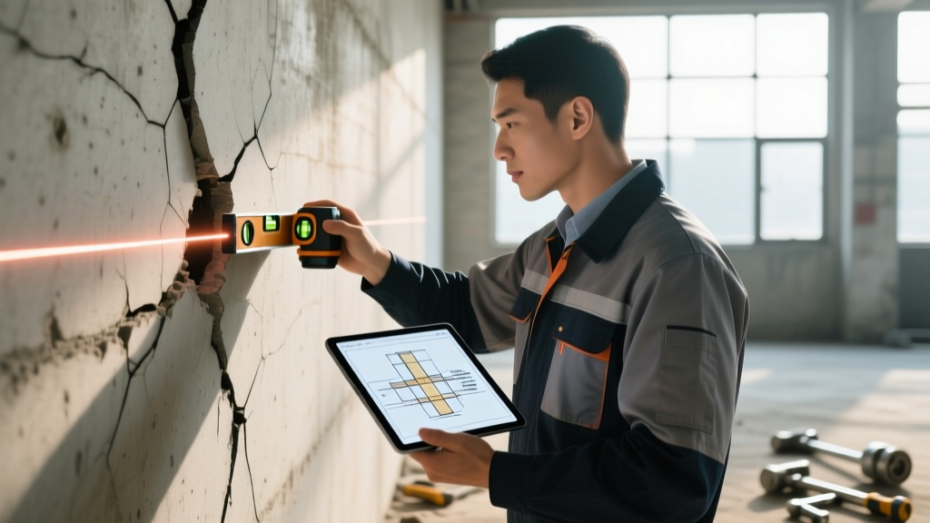 Engineer inspecting a cracked concrete foundation wall with a laser level while reviewing digital repair blueprints on a tablet.