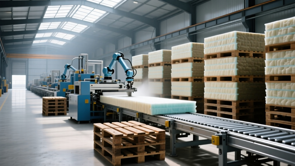 Industrial warehouse showing automated production lines manufacturing rigid polyisocyanurate foam insulation boards stacked on wooden pallets