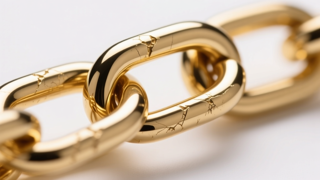 Close-up of three gold chain links showing varying surface wear, micro-scratches, and plating loss on the outer curved edges