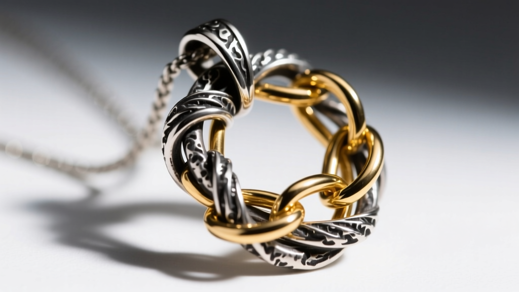 Macro shot of a mixed-metal statement pendant featuring oxidized sterling silver intertwined with 14k gold vermeil links.
