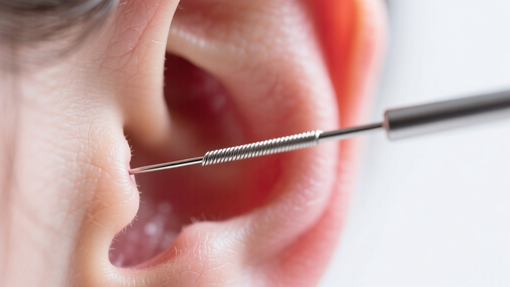 Extreme close-up of a 20-gauge surgical steel ear wire being inserted into a fully matured, healthy earlobe fistula tract.