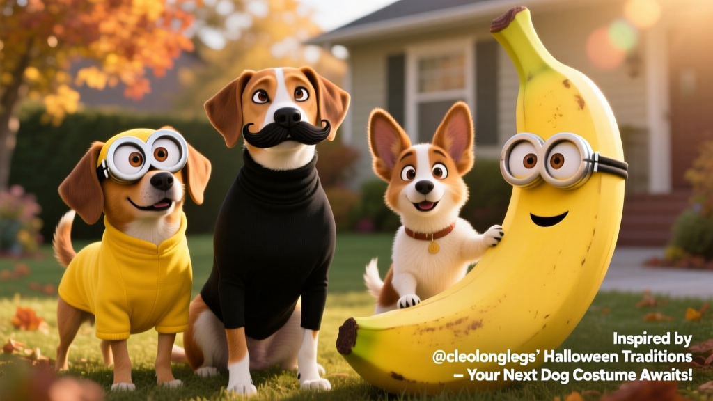 The trio styled as Despicable Me characters: Cleo wearing a black turtleneck and faux mustache, Marcy in yellow fabric with googly eyes, and Abby posing beside a giant banana prop