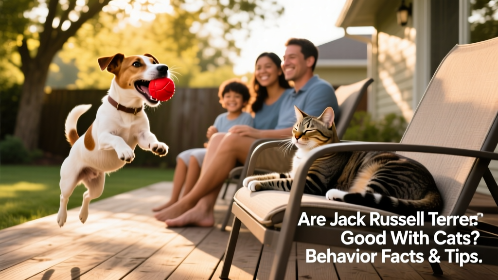 A family enjoying backyard time with a Jack Russell Terrier playing fetch and a cat lounging peacefully on a shaded patio chair