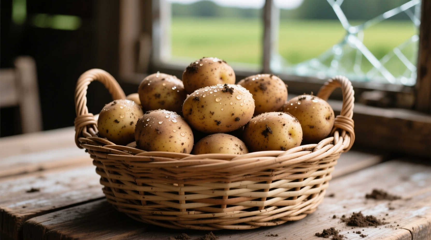 Woven wicker potato basket with fresh potatoes
