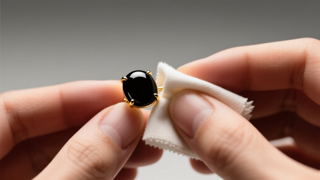 Close-up of a jeweler gently wiping a black onyx stud earring with a microfiber cloth under warm, focused studio lighting.